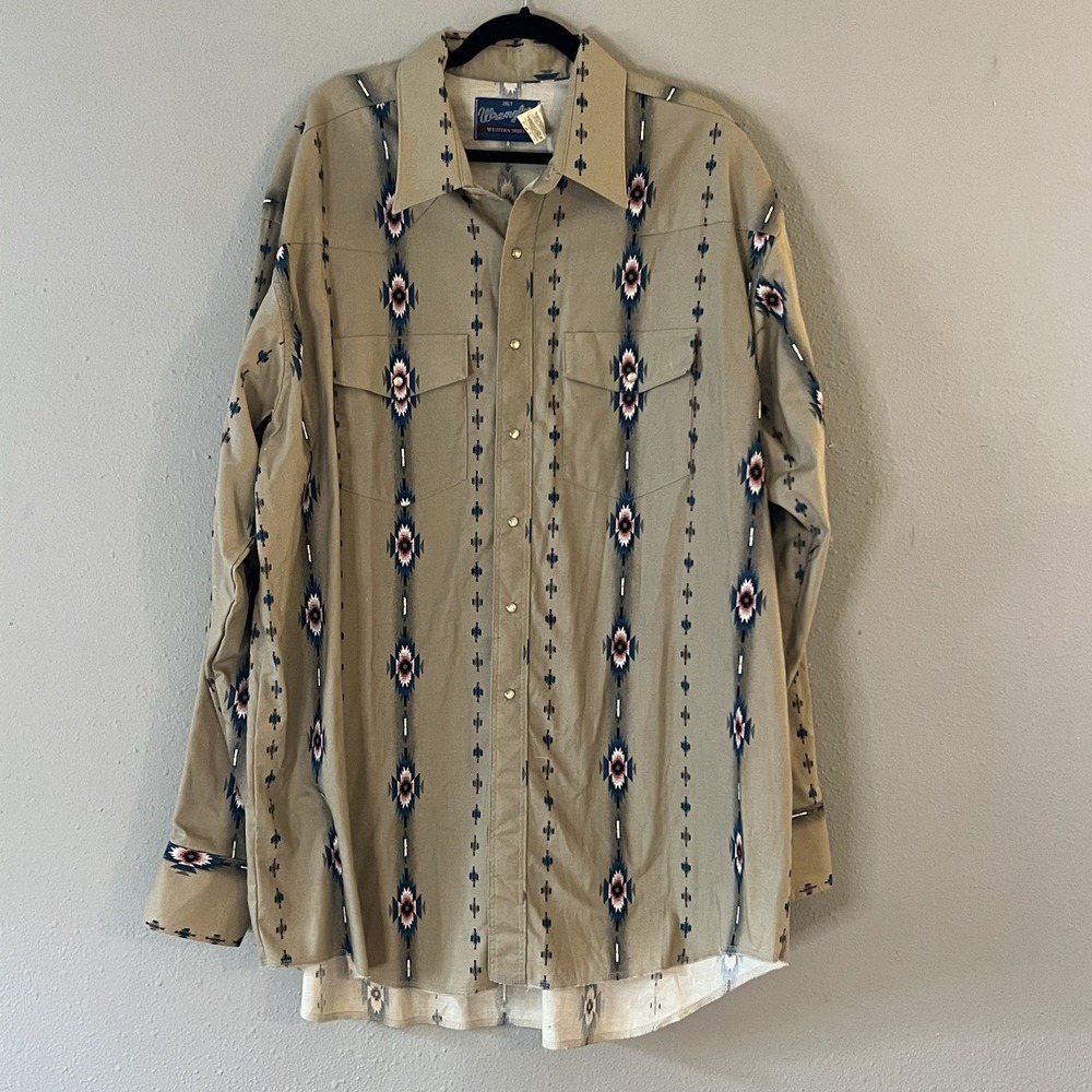 Vintage Wrangler Western Pearl Snap Shirt Mens 3XLT Beige Aztec Long Sleeve